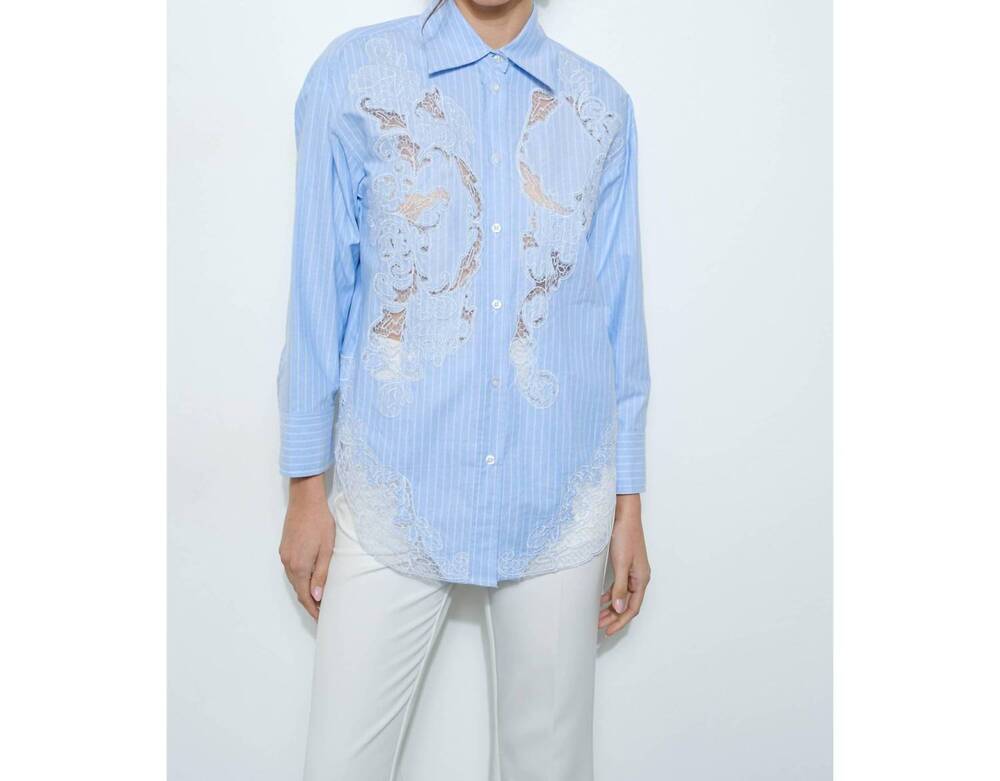 NEW INA FASHION cotton stripe shirt with lace applique in sky blue